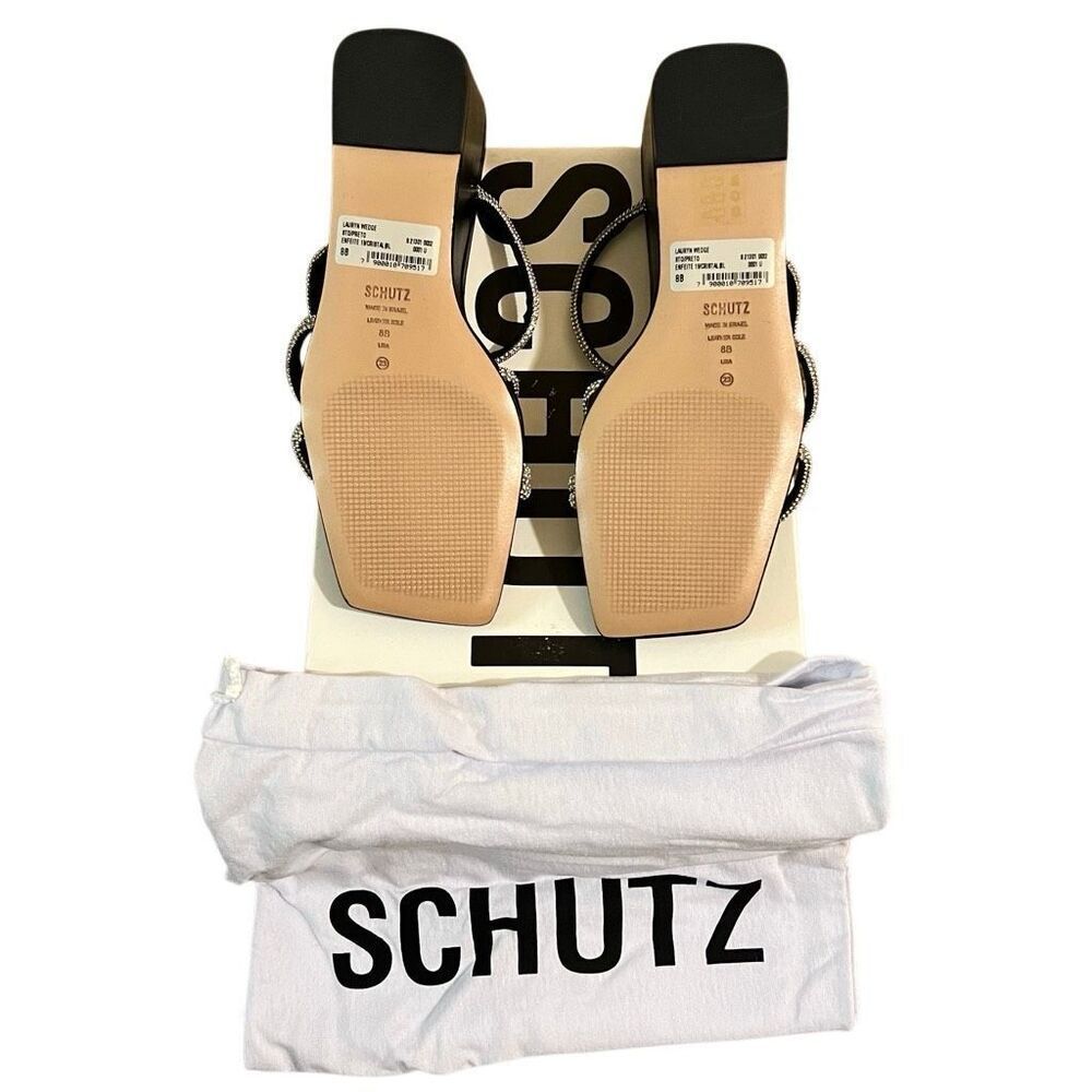 NEW SCHUTZ Lauryn Wedge Black Leather Metallic Wedge Block heel square toe 8 - Picture 2 of 6